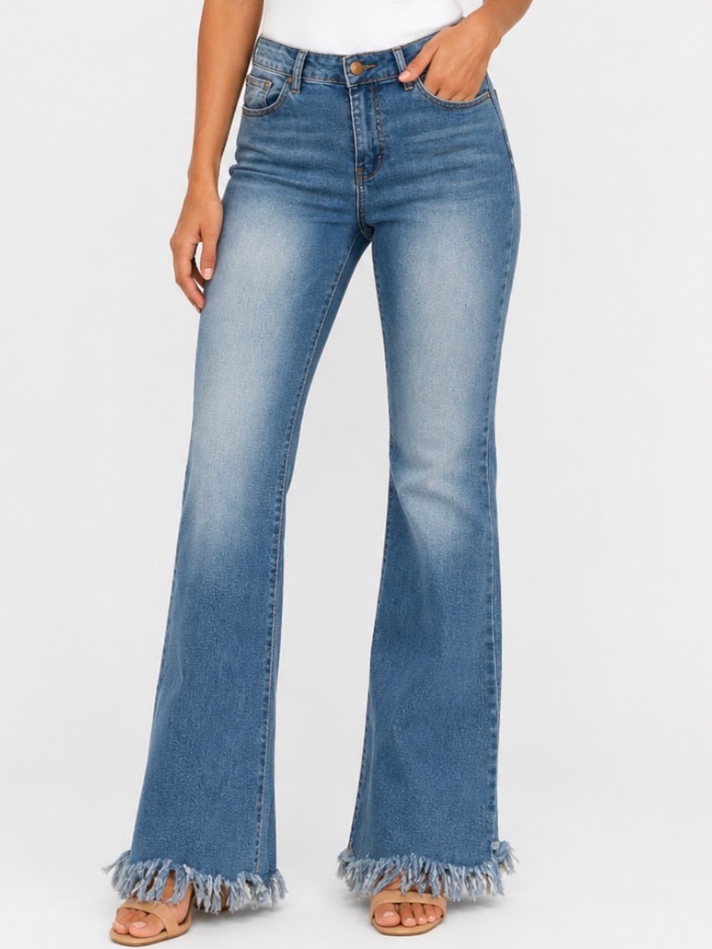 Women's Blue Faded Flare Jeans with Frayed Hem SZ LG